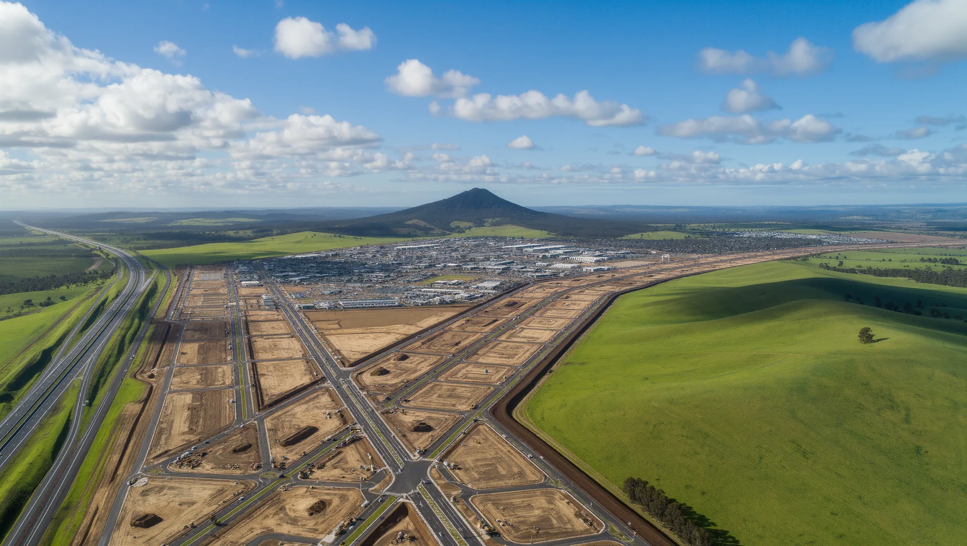 Aerial view over the Beveridge North West precinct at golden hour.